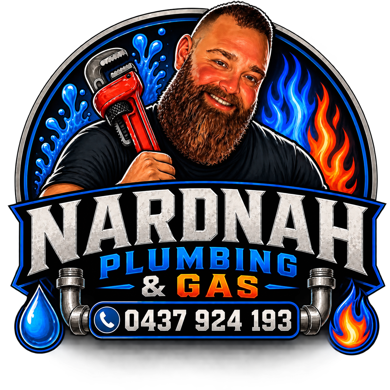 Nardnah Plumbing and Gas logo — Stu with a pipe wrench